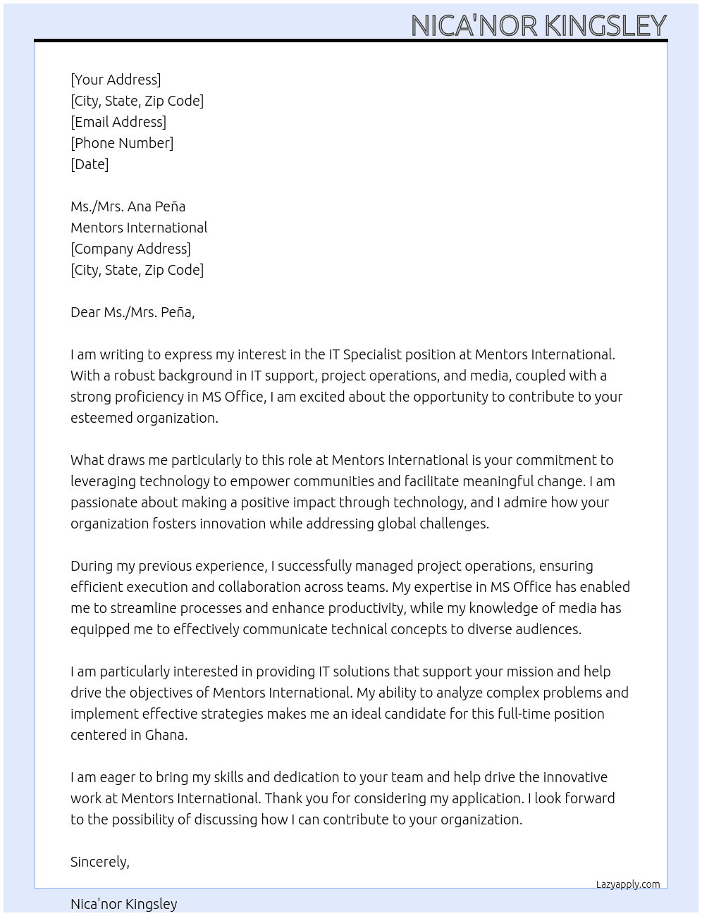 IT specialist At Mentors International Cover Letter