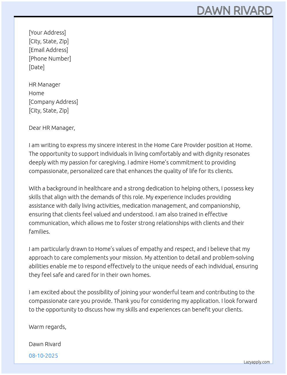 Home Care Provider At Home Cover Letter