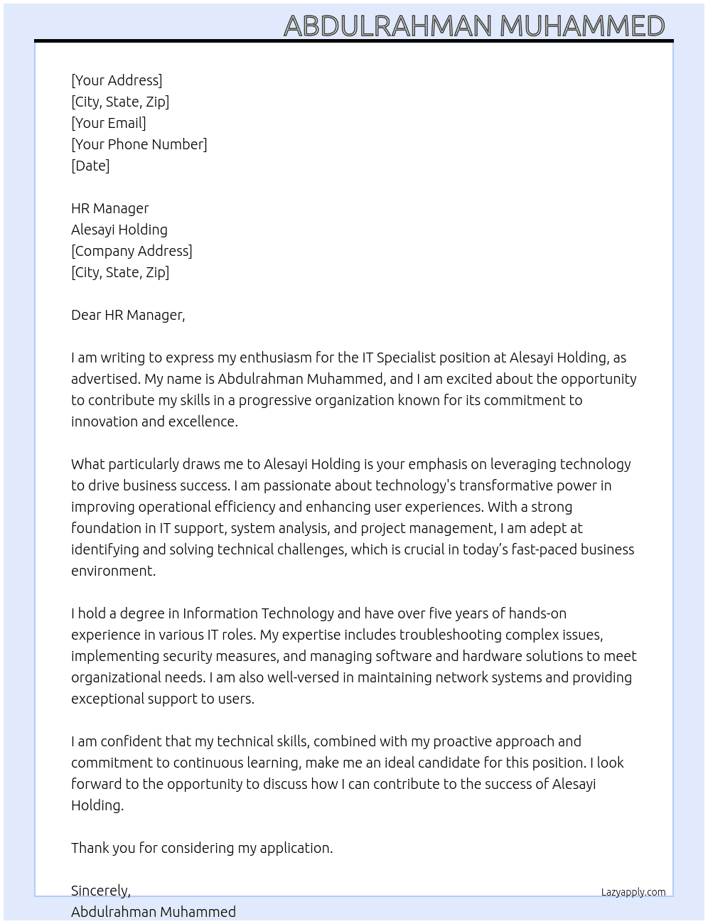 IT Specialist At Alesayi Holding Cover Letter