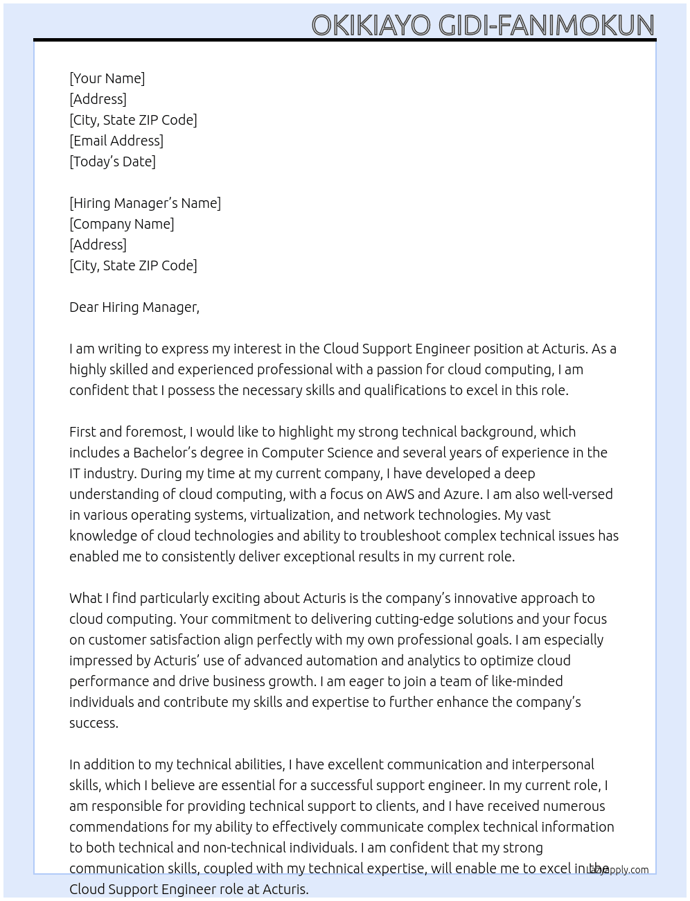 cloud support engineer At Acturis Cover Letter
