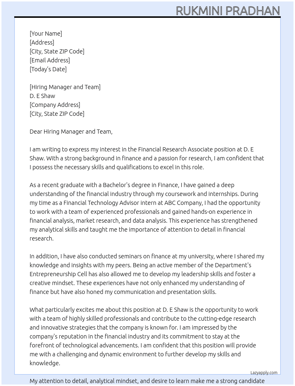 FINANCIAL RESEARCH ASSOCIATE At D. E SHAW Cover Letter