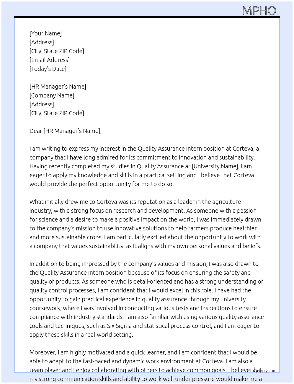 Quality assurance intern  At Corteva Cover Letter