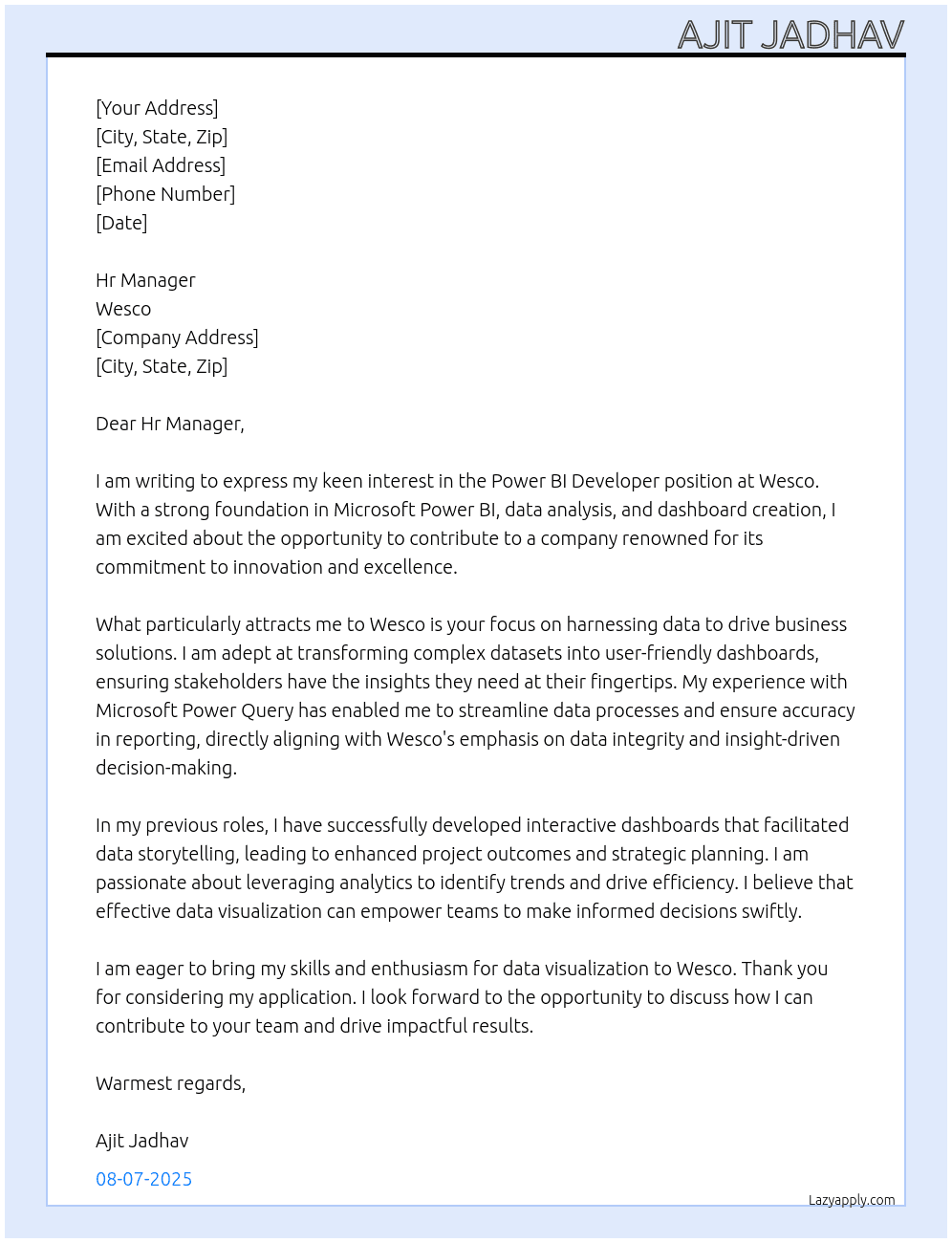 Power Bi Developer At Wesco Cover Letter