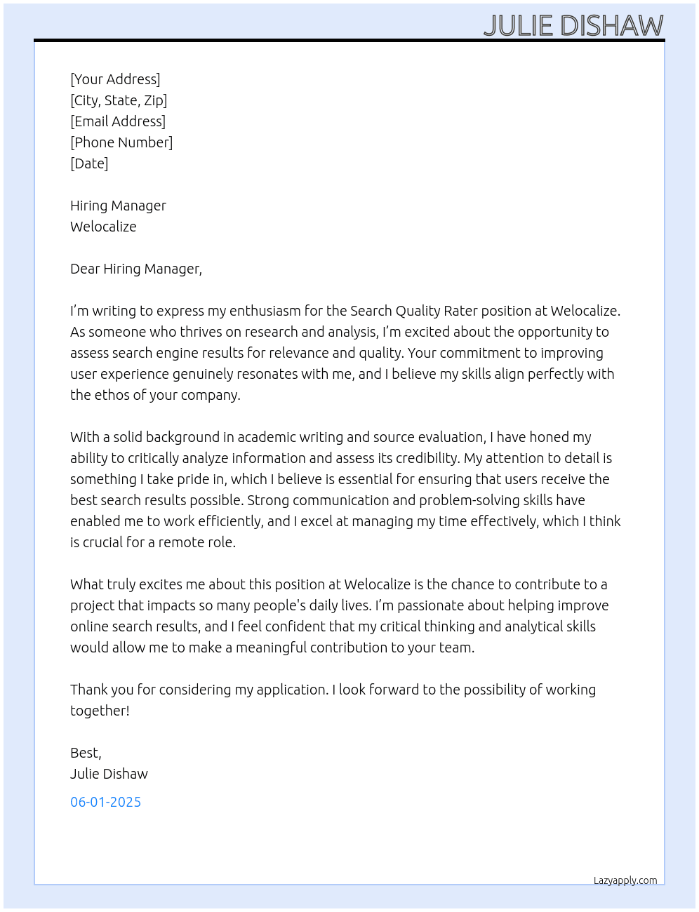 Search Quality Rater At Welocalize Cover Letter