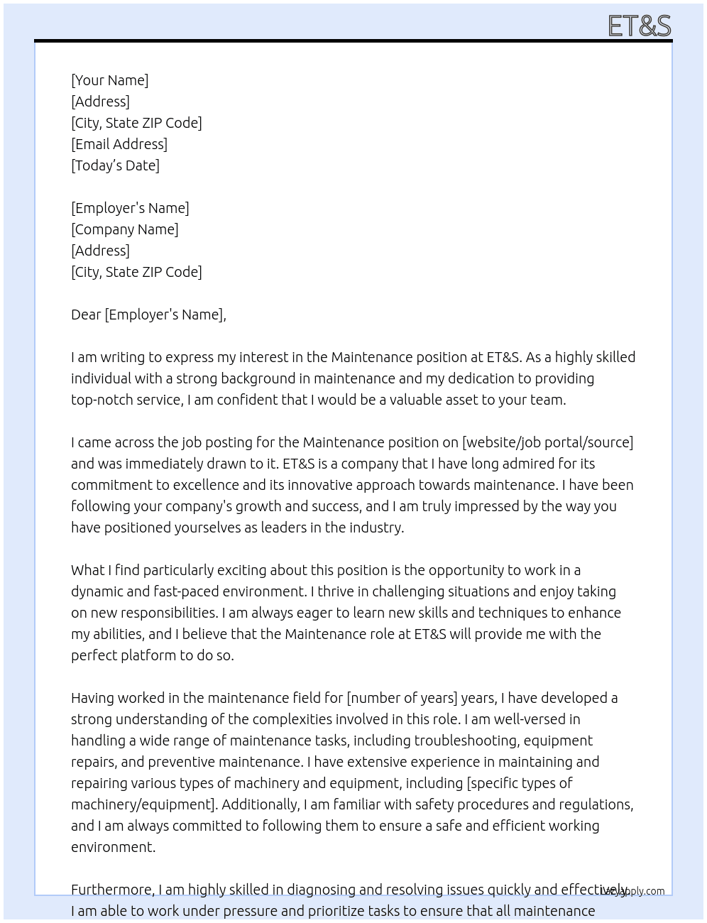 Maintenance At ET&S Cover Letter