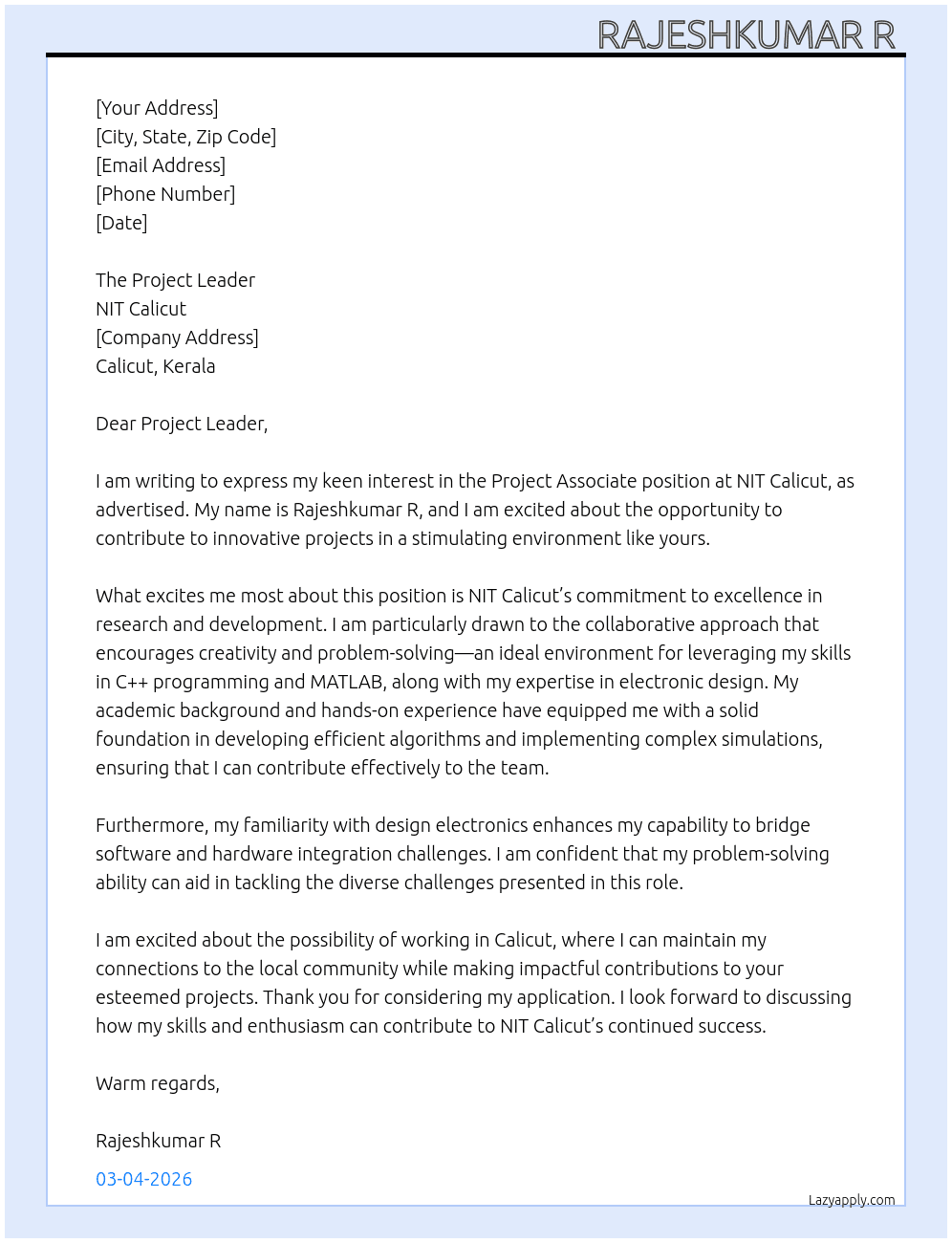 Cover letter for project associate - LazyApply