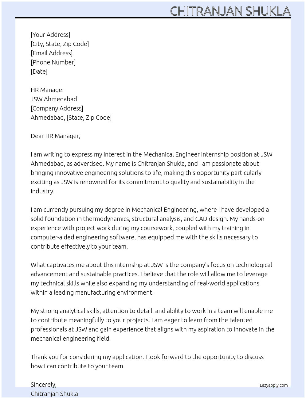 Mechanical engineer At Summer Internship Cover Letter