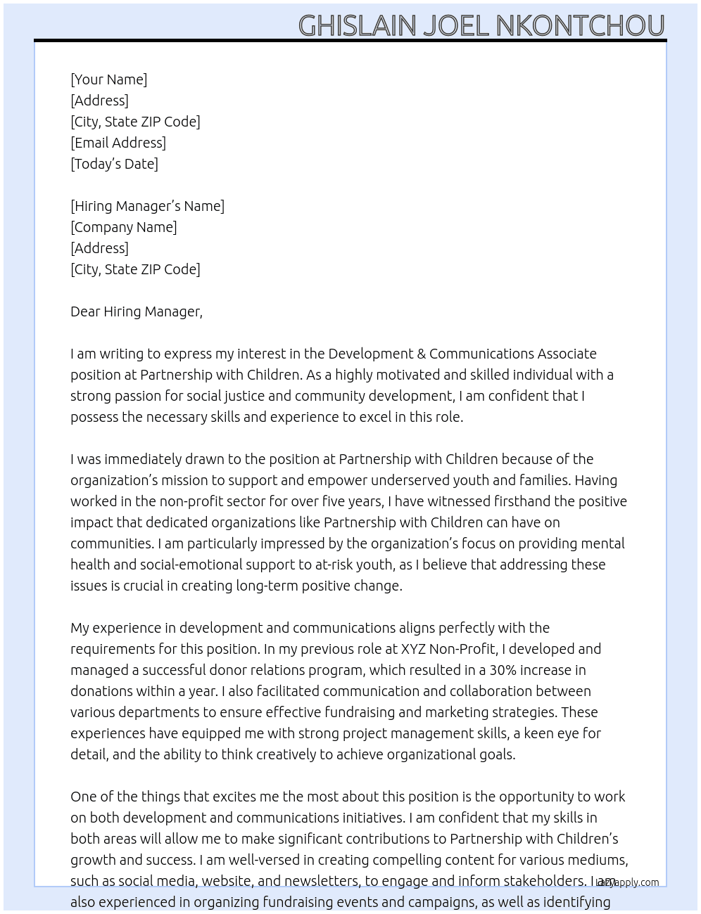 Development & Communications Associate At Partnership with Children Cover Letter