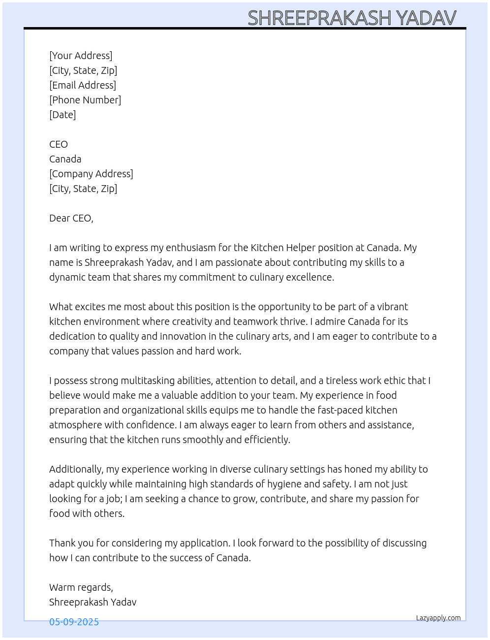 Kitchen helper  At Canada  Cover Letter