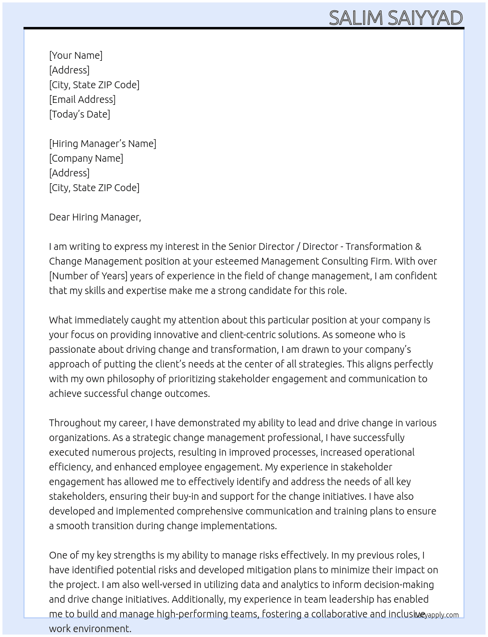 Senior Director / Director - Transformation & Change Management At Management Consulting Firm Cover Letter