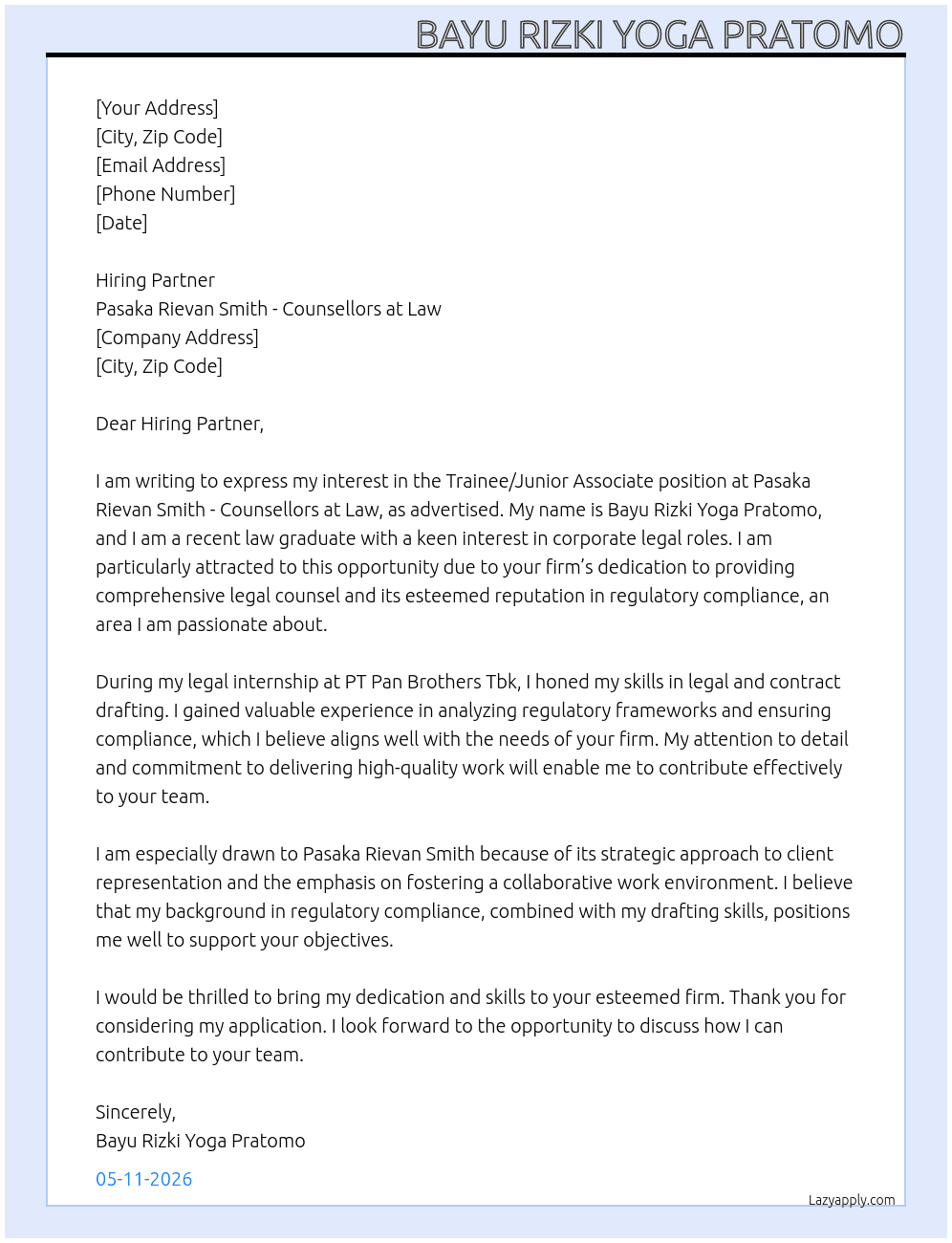 Trainee/Junior Associate At Pasaka Rievan Smith - Counsellors at Law Cover Letter