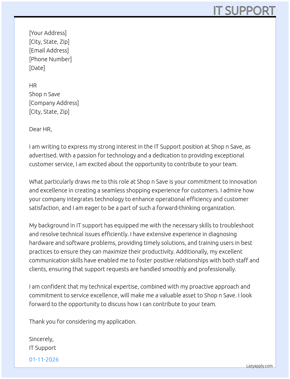 IT Support At Shop n save Cover Letter