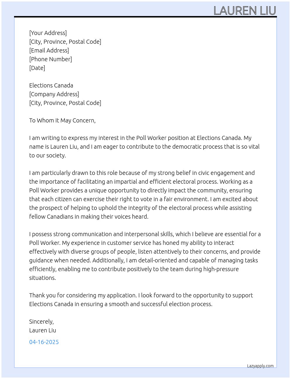 Cover letter for poll worker - LazyApply
