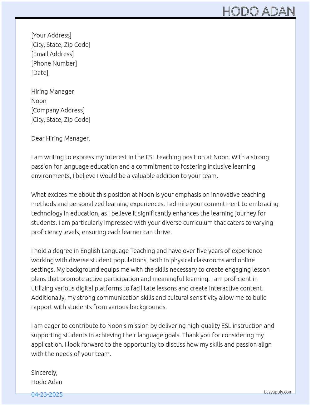ESL teaching position remote  At Noon Cover Letter
