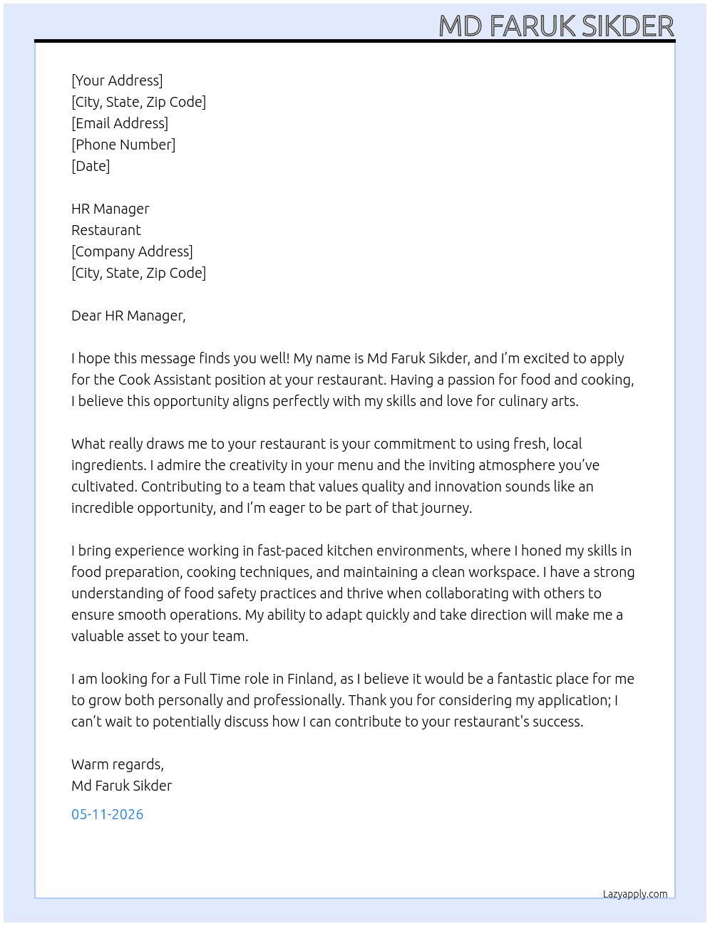 Cook Assistant  At Resturant  Cover Letter