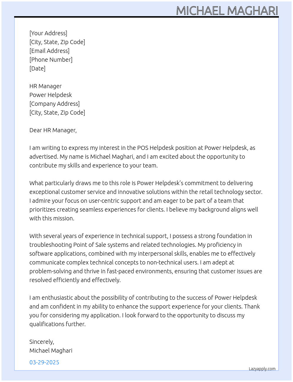 POS Helpdesk At Power Helpdesk Cover Letter