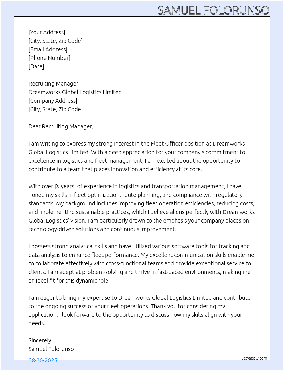 Fleet officer  At Dreamworks Global Logistics Limited Cover Letter