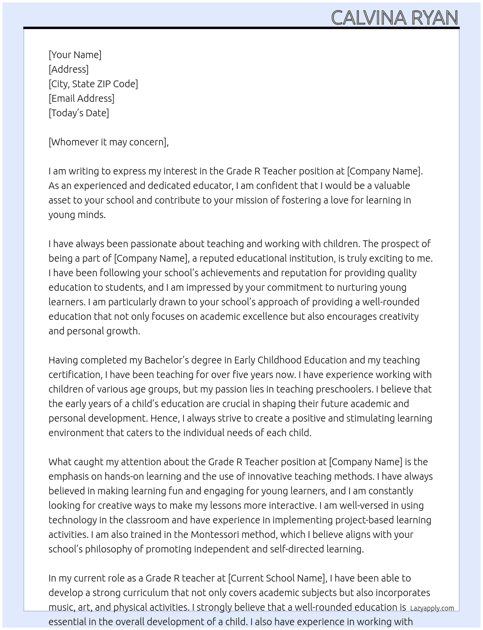 Grade R teacher At any Cover Letter