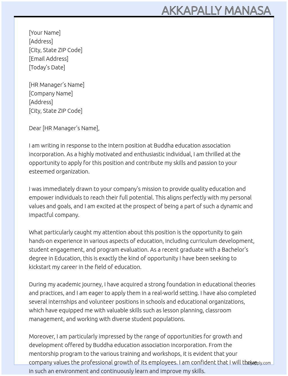 Intern  At Buddha education association incorporation  Cover Letter