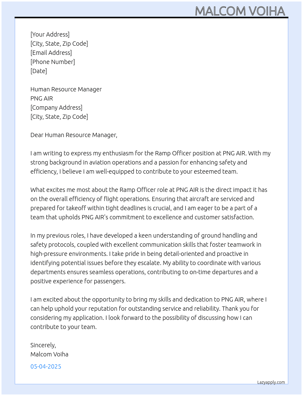 Ramp offer At PNG AIR  Cover Letter