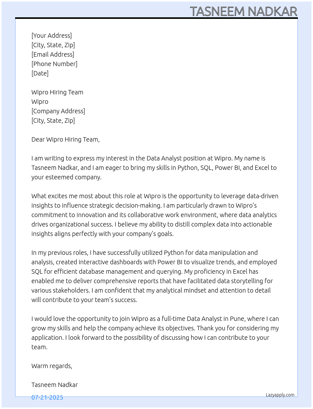 Cover letter for data anaylst - LazyApply