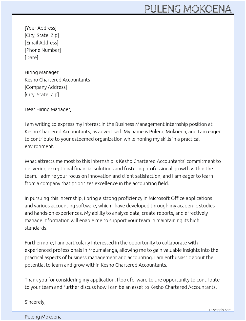 Business Management  At Kesho Chartered Accountants  Cover Letter
