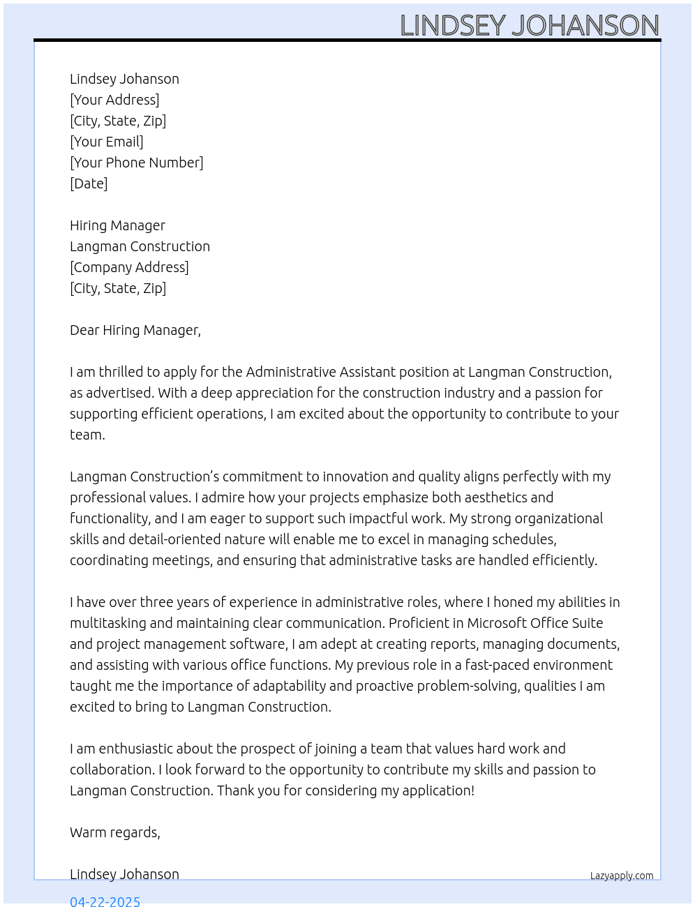 Administrative Assistant  At Langman Construction  Cover Letter