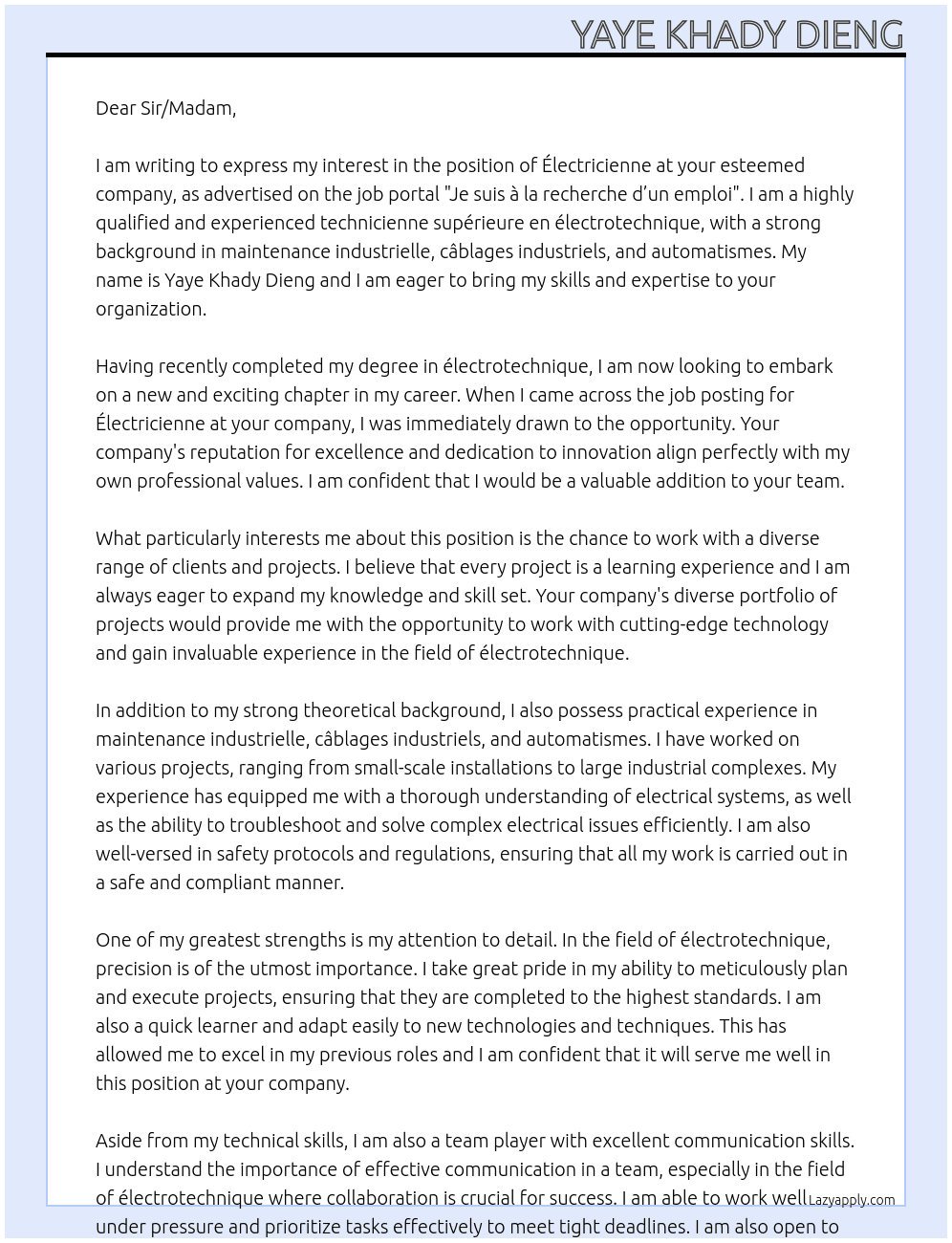 Cover letter for électricienne - LazyApply