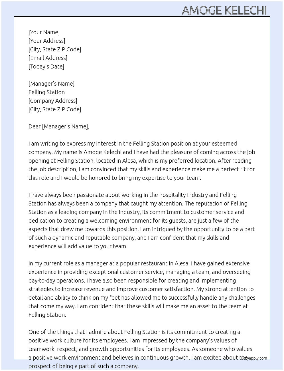 Cover letter for felling station - LazyApply
