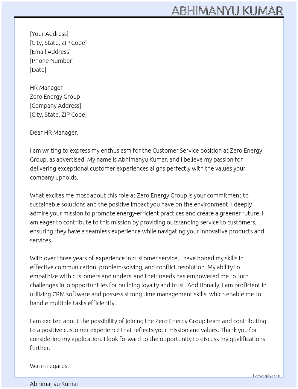 Customer service At Zero energy group Cover Letter