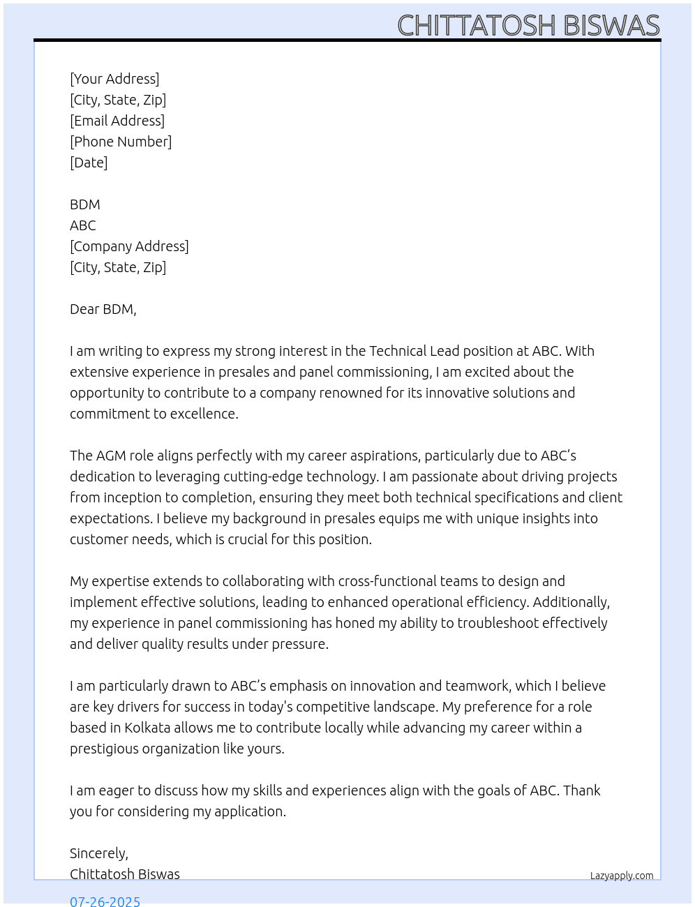 Technical Lead At ABC Cover Letter