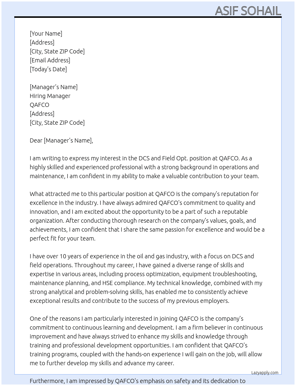 DCS and Field Opt. At QAFCO Cover Letter