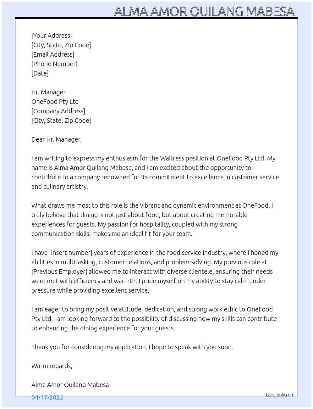 Waitress  At OneFood Pty Ltd Cover Letter