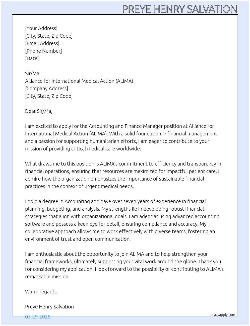 Cover letter for accounting and finance manager - LazyApply
