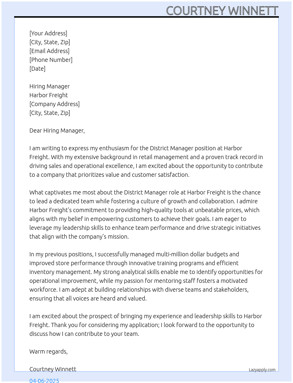 District Manager At Harbor Freight Cover Letter