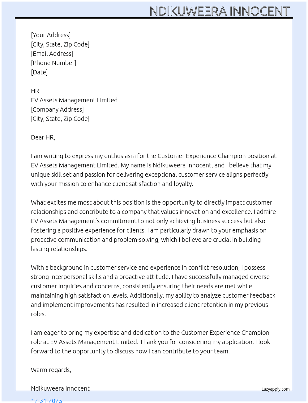 Cover letter for customer experience champion - LazyApply