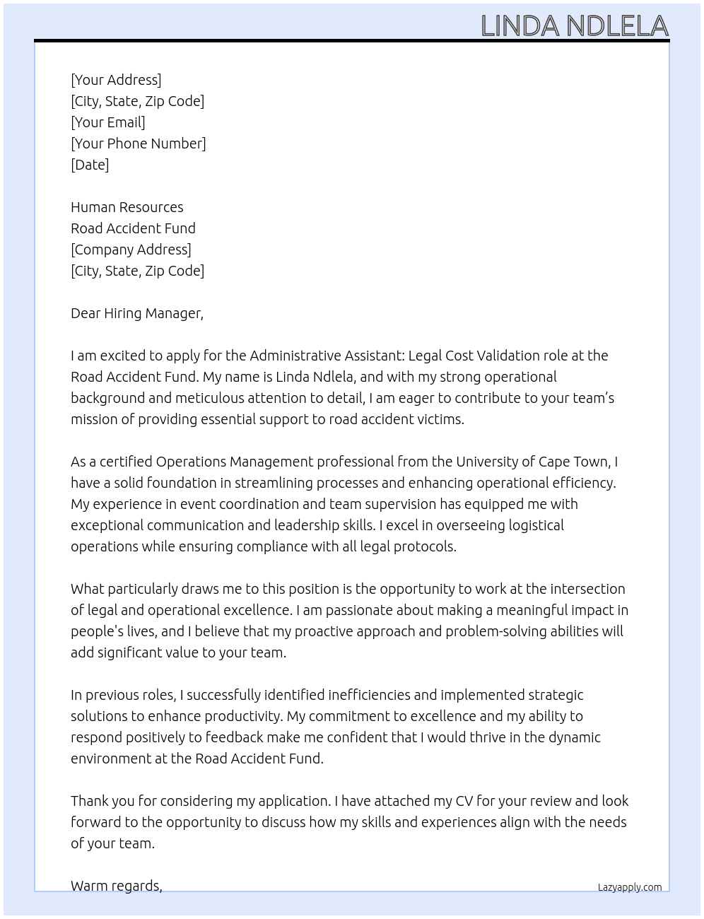 Administrative assistant At Road Accident Fund Cover Letter