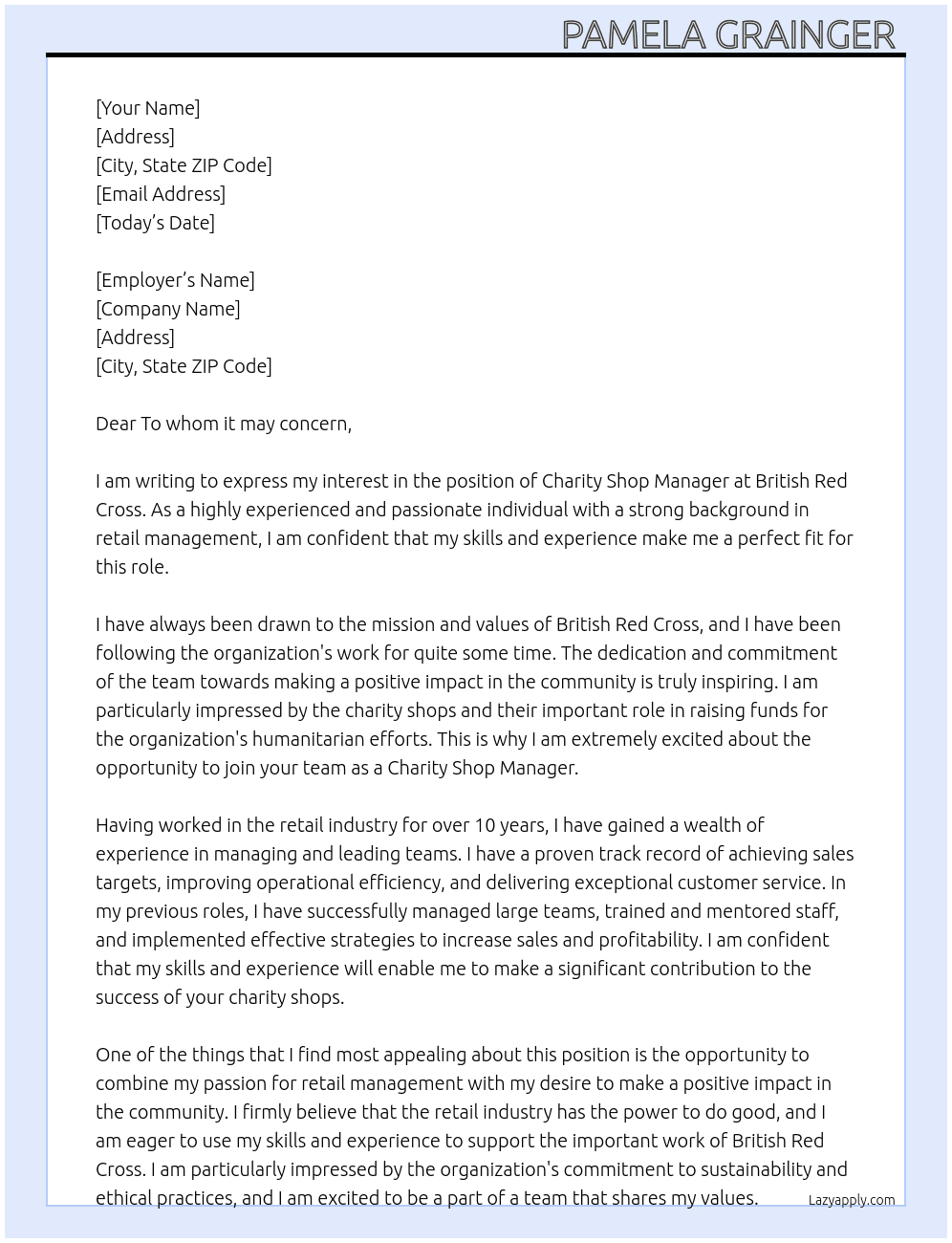 Charity shop manager  At British red cross  Cover Letter