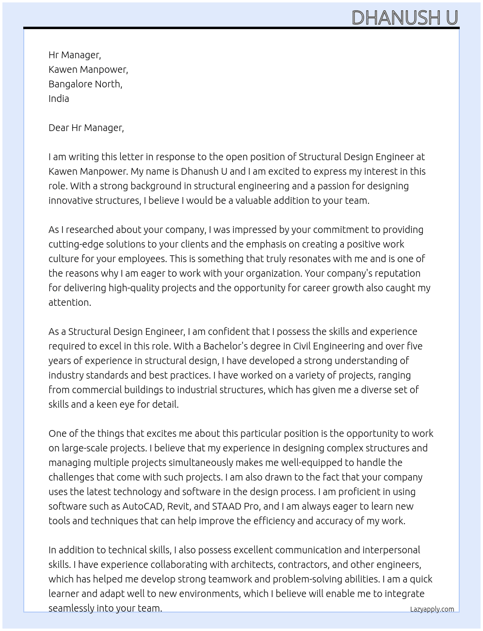 Structural Design Engineer At Kawen Manpower Cover Letter