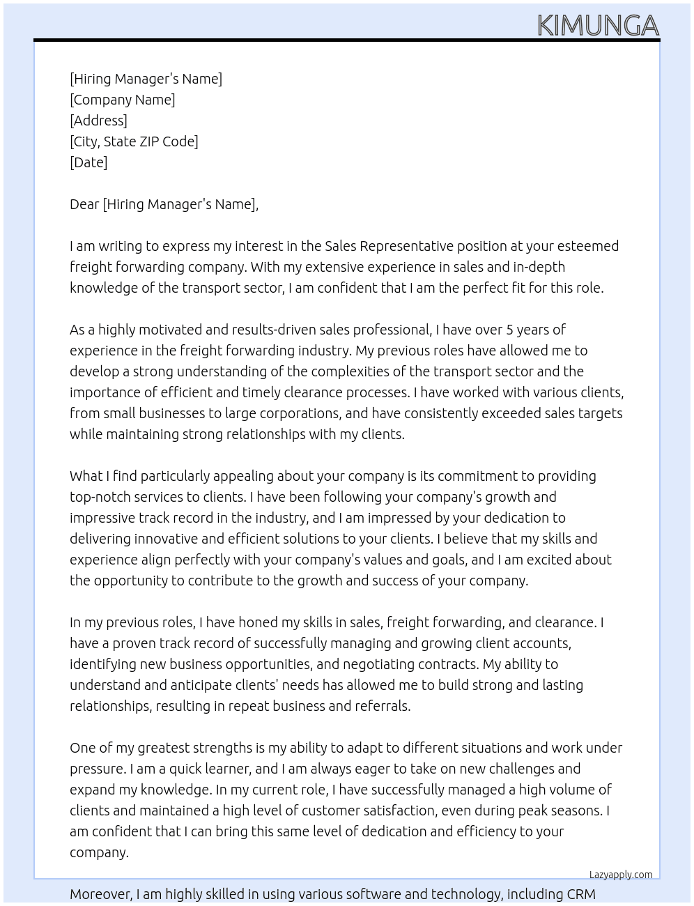 Sales Representative  At freight forwarding company Cover Letter
