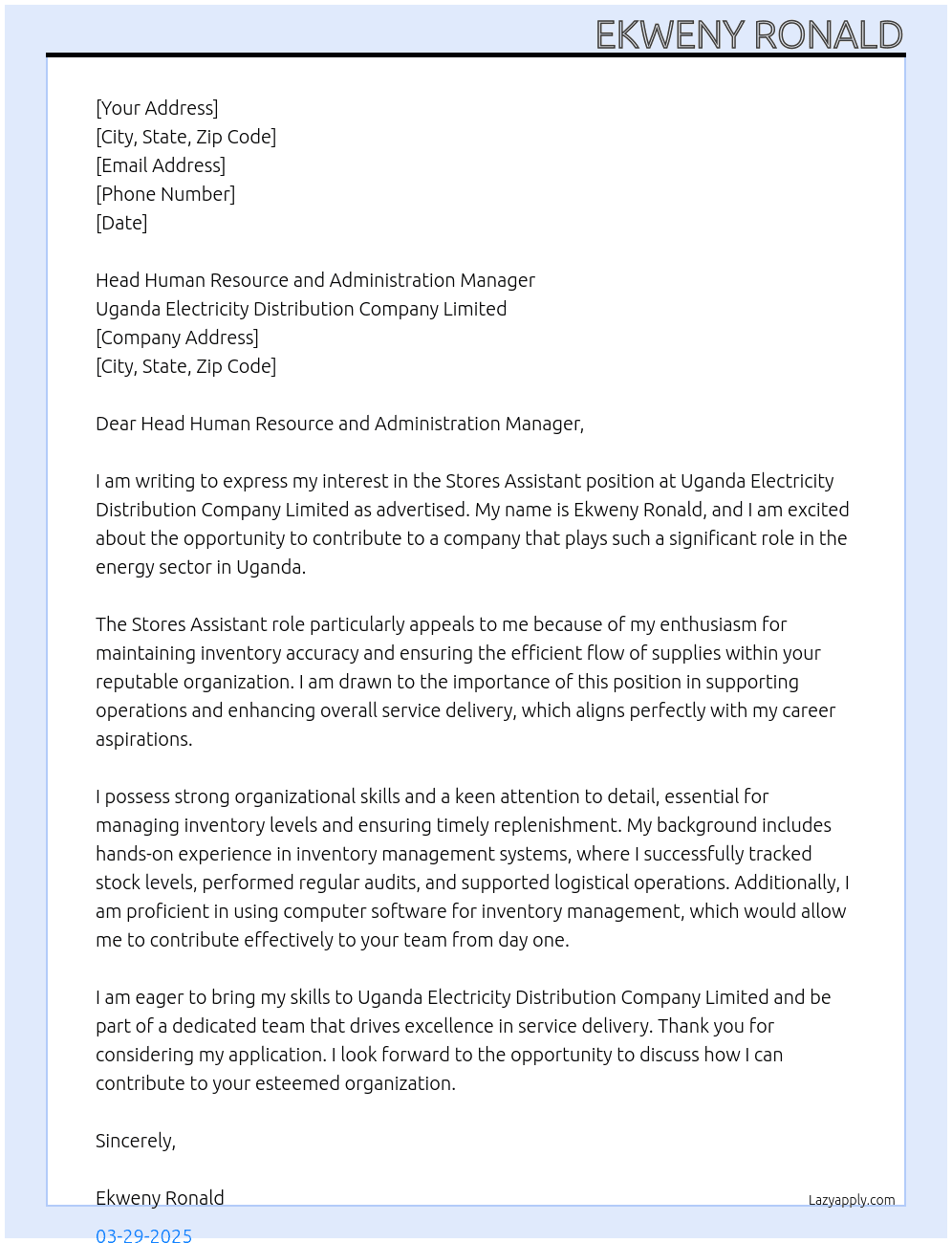 Stores assistant At Uganda electricity distribution company limited Cover Letter