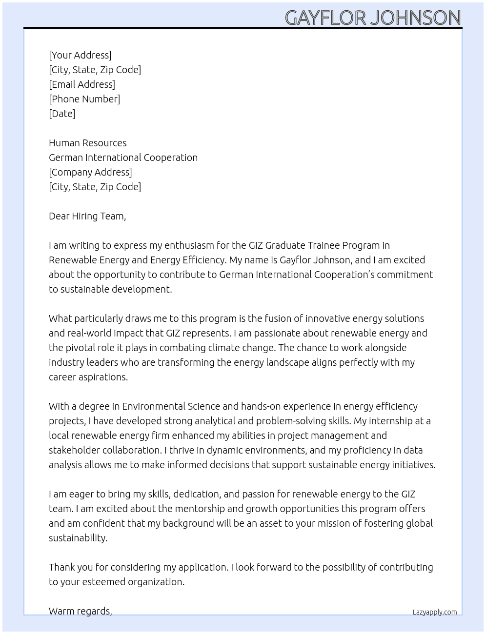 GIZ Graduate Trainee Program: Renewable Energy and Energy Efficiency At German International Cooperation Cover Letter