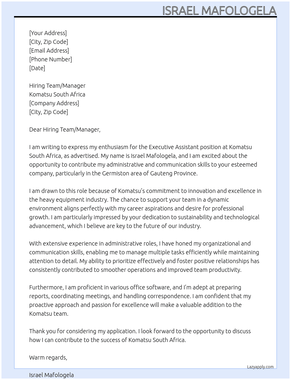 Executive Assistant At Komatsu South Africa Cover Letter