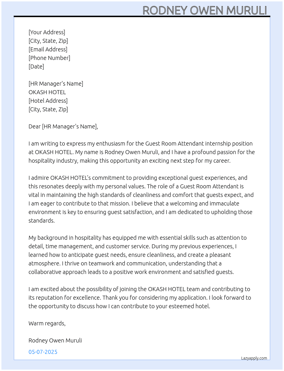 Guest Room Attendant  At OKASH HOTEL Cover Letter