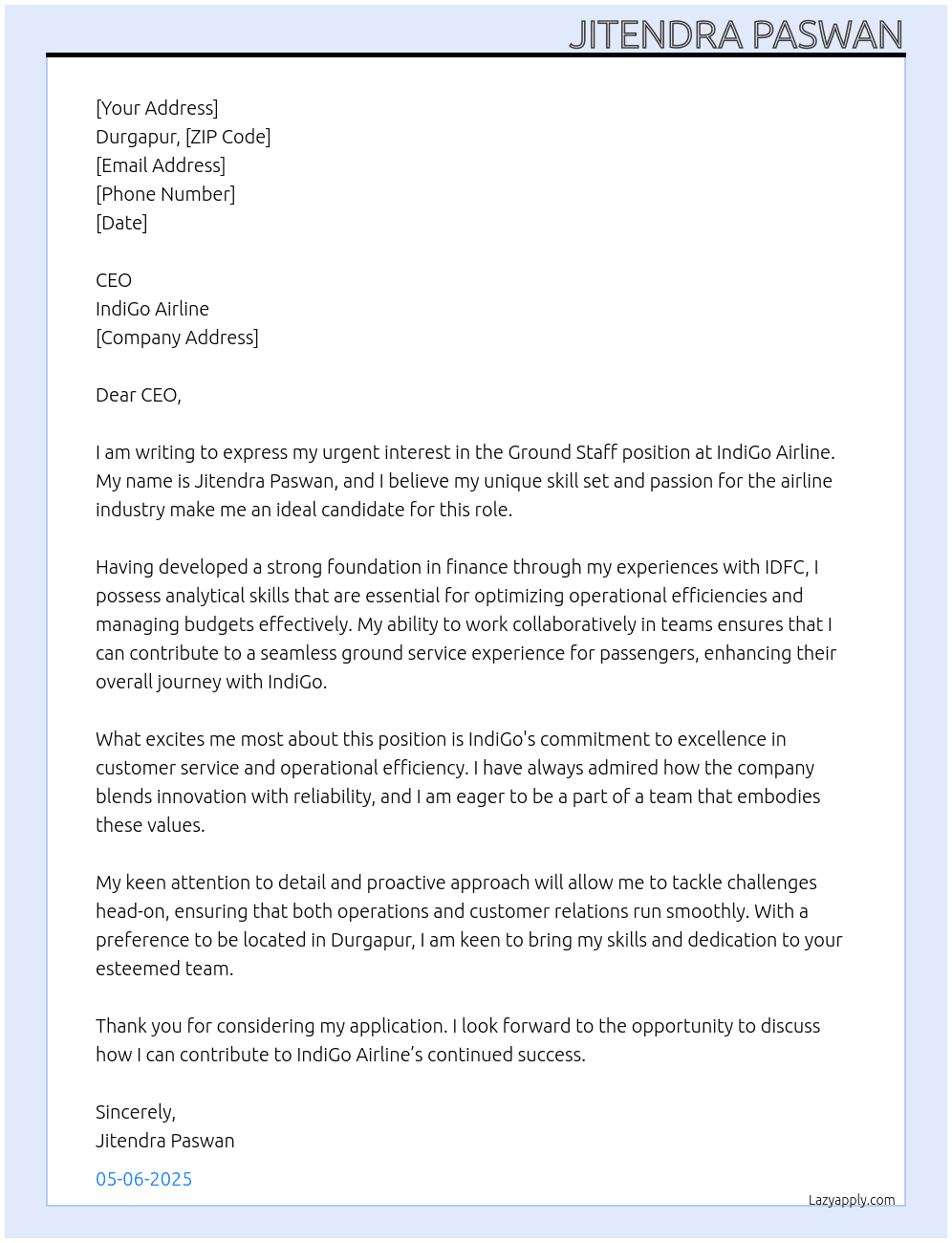 Ground staff At IndiGo airline Cover Letter