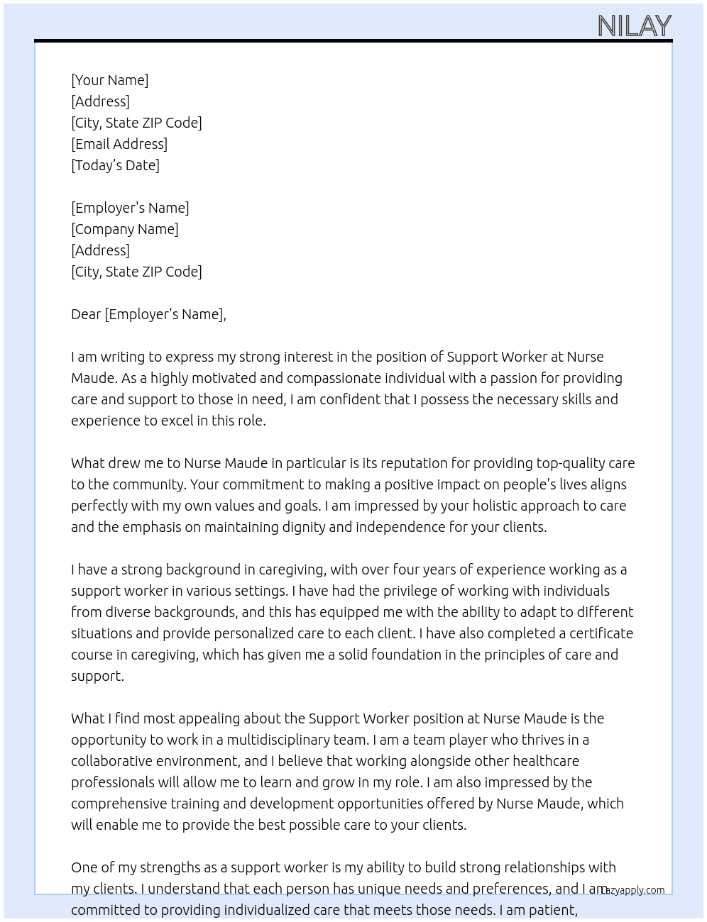 Support worker  At Nurse maude  Cover Letter