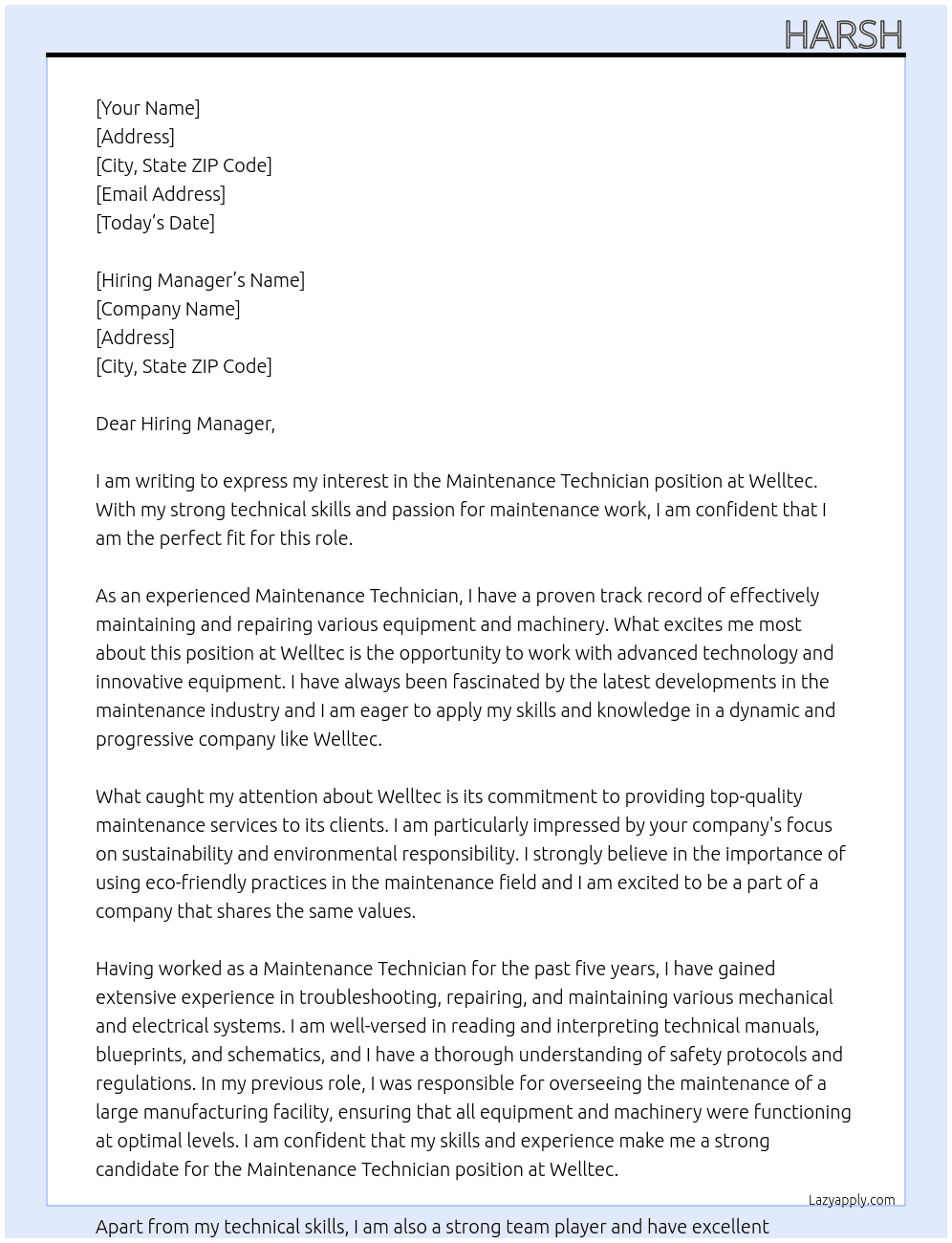 Maintenance Technician  At Welltec Cover Letter