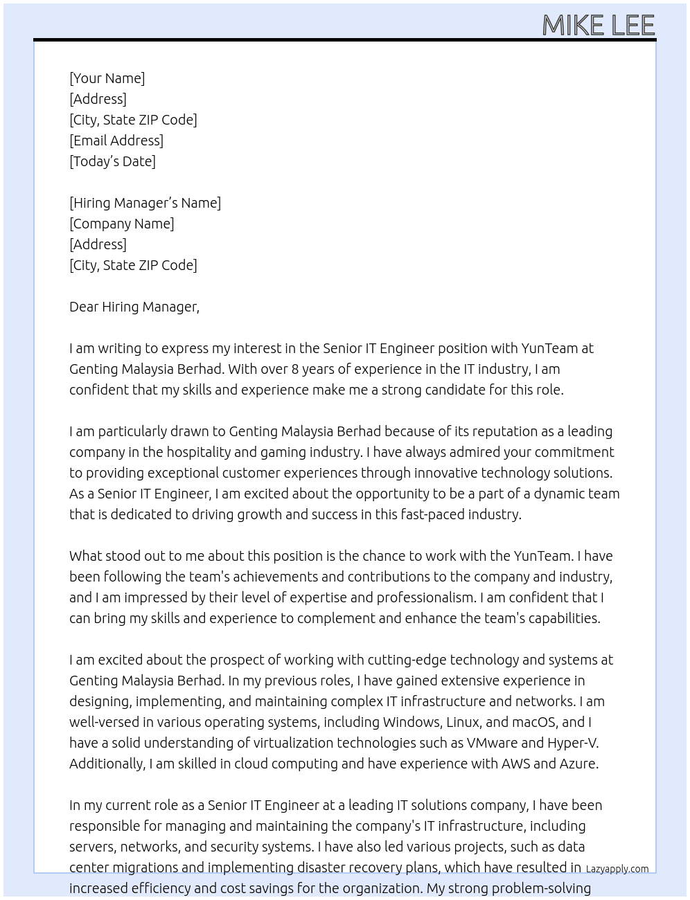 Senior IT Engineer - YunTeam At Genting Malaysia Berhad Cover Letter