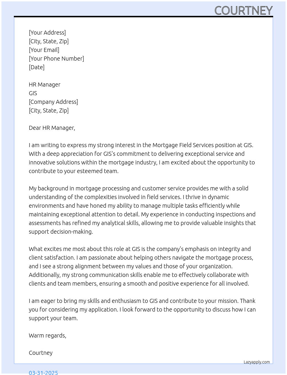 Mortgage Field Serices At GIS Cover Letter