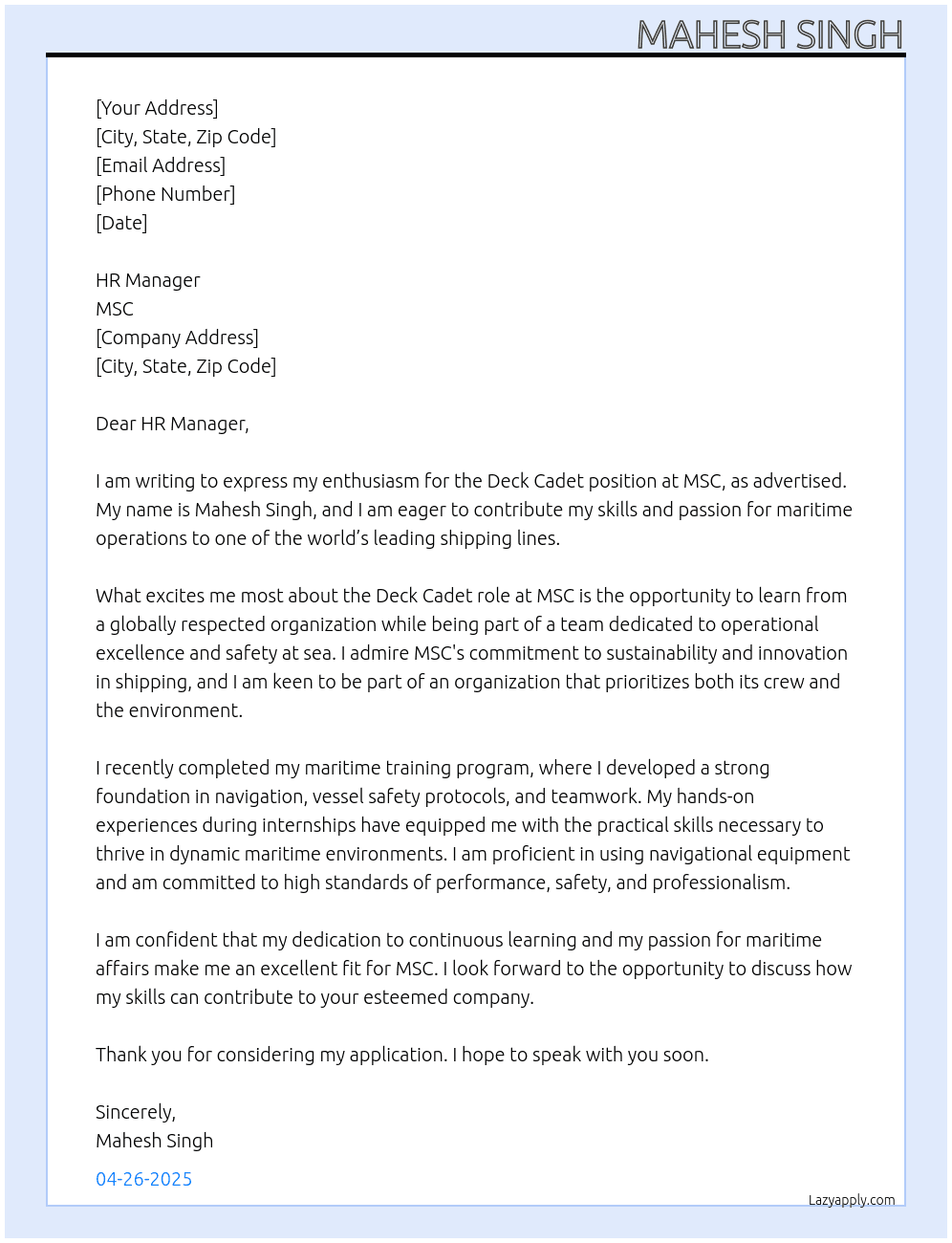 DECK CADET At MSC Cover Letter